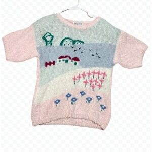 P'Galli Designs Vintage Blue Floral Garden Knit Short Sleeve Sweater Top - SizeS